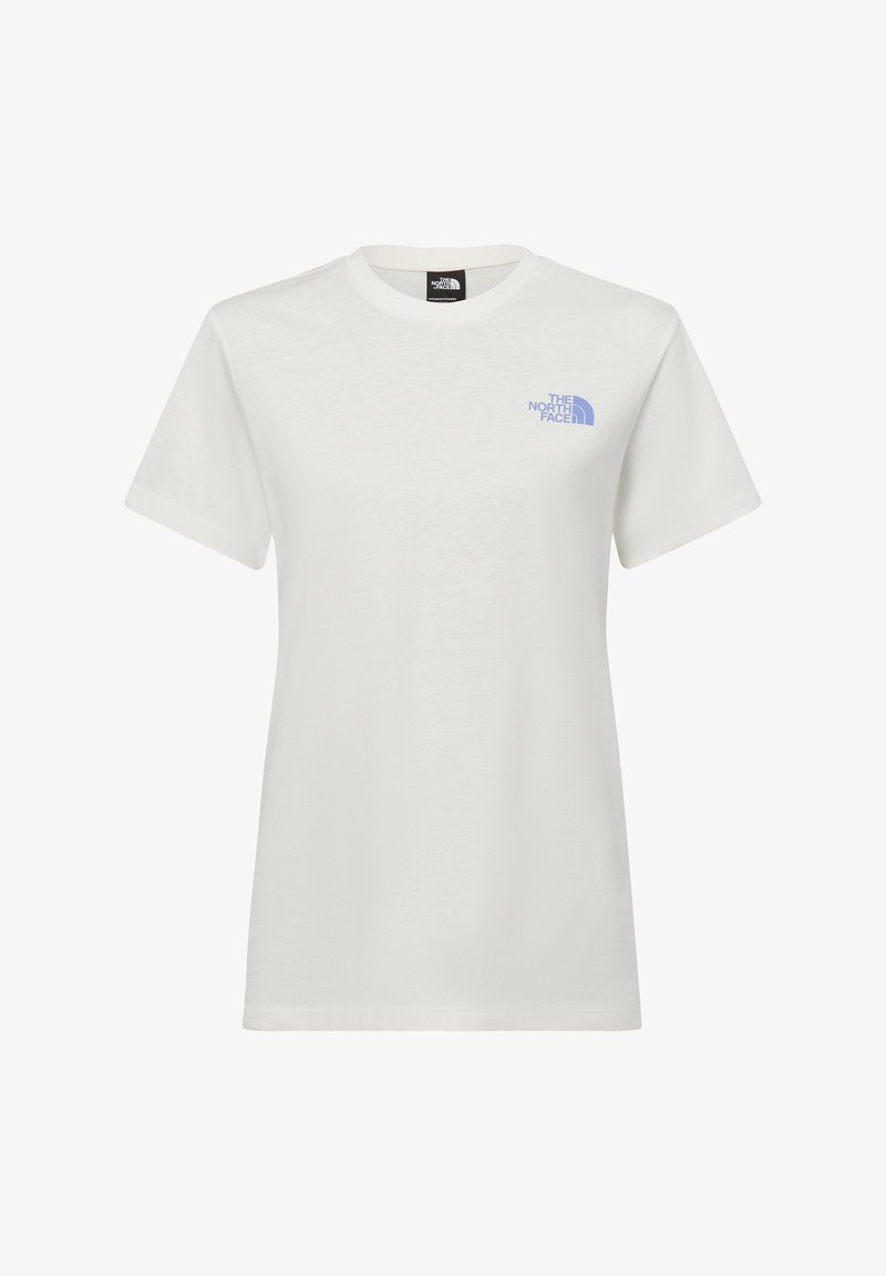 Witte katoenen t-shirt met korte mouwen, met een blauw logo gedrukt op de linkerkant van de borst. Klassieke ronde halslijn en standaard pasvorm.