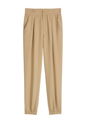 Pantalon beige à taille élastique avec poches latérales, fermeture à boutons sur le devant, plis et ourlets élastiques aux jambes.
