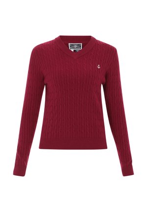 Burgundi színű, kabelmintás pulóver V-nyakkal, hosszú ujjakkal, bordás aljjal és egy kis horgony logóval a mellkason. Puha textúra és klasszikus dizájn.