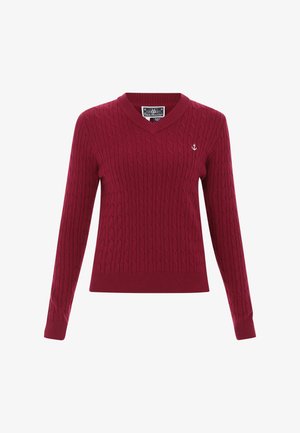 Burgundski džemper z pletenico z V-izrezom, dolgimi rokavi, rebrastim robom in majhnim sidrnjakom na prsih. Mehak otip in klasična zasnova.