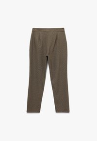 Brune ternede bukser med et tætsiddende design, elastisk talje og glat tekstur. Lige benklip uden yderligere detaljer eller metaldele.