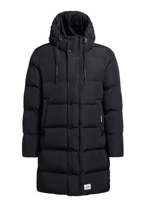 Zwarte gewatteerde jas met capuchon, met een geborduurd ontwerp, voorste drukknoopsluiting, twee zijzakken en verstelbare trekkoordjes.