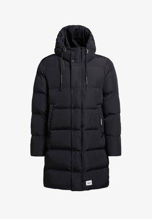 Zwarte gewatteerde jas met capuchon, met een geborduurd ontwerp, voorste drukknoopsluiting, twee zijzakken en verstelbare trekkoordjes.