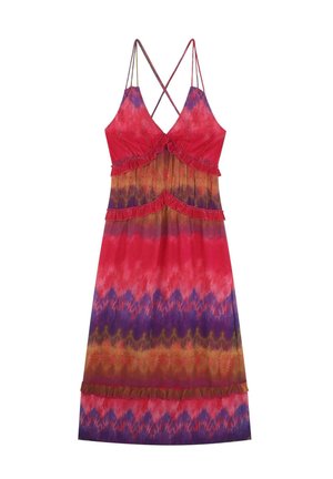 Mouwloze maxi-jurk met tie-dye, met ruches, dunne gekruiste bandjes en een mix van rode, paarse en bruine kleuren.