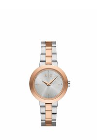 Silver och rosaguld i rostfritt stål klocka med rund urtavla, texturerad ljus silver urtavla och tre-hands rörelse. Har ett länkarmband.