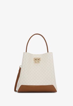 Fehér mintás kézitáska barna díszítésekkel. Elülső részén arany színű záróelemmel. Masszív barna fogantyú és levehető vállpánt.