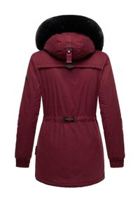 Maroon parka jacket with a black fur-lined hood, cinched waist, zip and button closure, long sleeves, and adjustable cuffs.