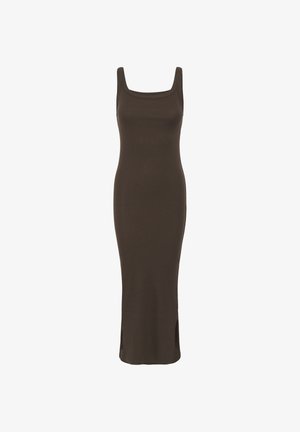 Obleka brez rokavov, temno rjave barve, oprijetega kroja, dolga do tal, s kvadratnim izrezom in stranskimi razporki na spodnjem robu.