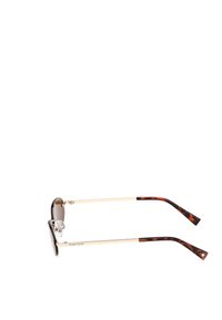 Sunglasses med runde mørke linser, metalramme i guldtonet, skildpadde-mønstrede templer og klare næsepuder.