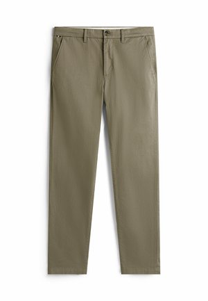 Khaki chinos made of cotton blend fabric, featuring a straight leg design, front pockets, and a single rear pocket with a button.