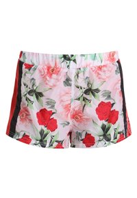 Kukallinen uima-shortsi, jossa on vaaleanpunainen tausta punaisilla ruusuilla ja vihreillä lehdillä, mustat sivupaneelit sekä joustava vyötärö.