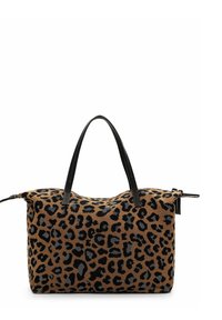 Sac à main imprimé léopard marron et noir avec deux poignées en cuir noir et fermeture éclair sur fond blanc.