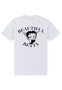 Camiseta de algodón blanca con un gráfico negro de un personaje con un diseño de corazón, texto "BEAUTIFUL BETTY" arriba y abajo.