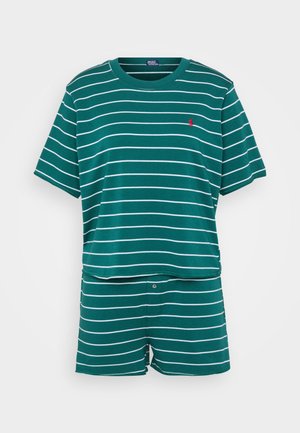 Cotton two-piece set in dark teal with white horizontal stripes. Short-sleeve shirt, crew neck, and button-front shorts. Red logo on shirt.