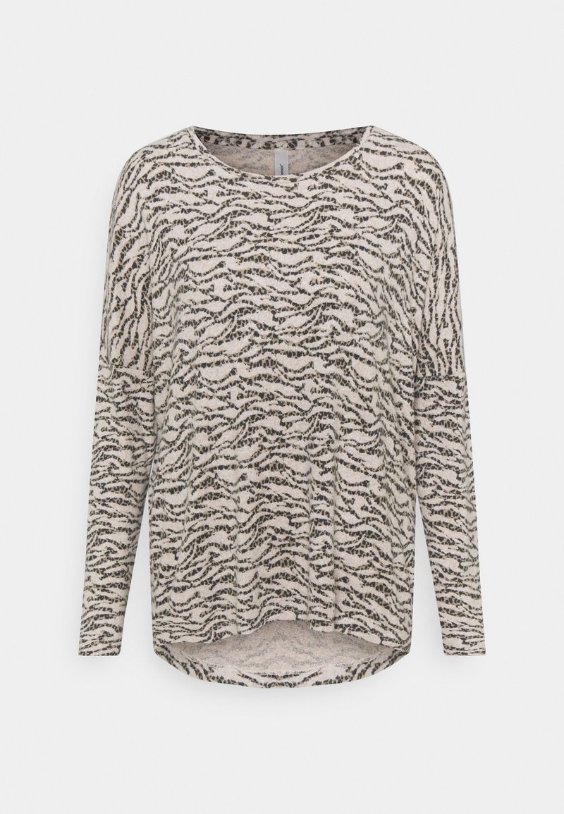 Maglietta a maniche lunghe in beige chiaro con un motivo a strisce tigre nero e grigio, caratterizzata da un colletto rotondo e un orlo curvo. Texture morbida.