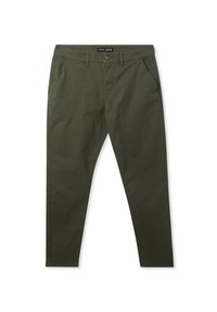 Chino in cotone verde con vestibilità slim, dotato di chiusura con bottone, passanti per cintura e tasche laterali. Texture liscia e design minimalista.
