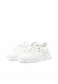 Weiße Sportschuhe mit Obermaterial aus Mesh, gepolstertem Schuhkragen, runder Zehenpartie, flachen Schnüren und strukturierten Gummisohlen mit kleinen runden Griffen.