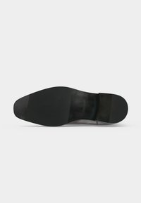 Semelle d'une chaussure habillée en cuir noir présentée à plat avec une surface lisse et un léger talon, sur un fond gris clair uni.