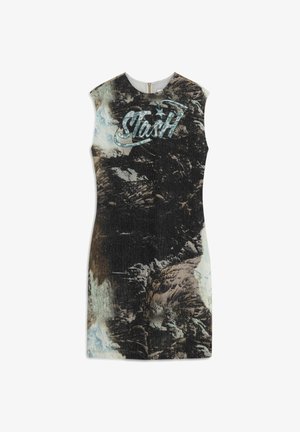 Figurbetontes ärmelloses Kleid mit einem schwarzen und gedeckten, mehrfarbigen Bergmuster, mit einem hellblauen "Stash"-Grafikdesign auf der Vorderseite.