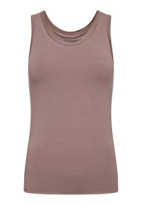 Brun ærmeløs tanktop lavet af glat stof. Har en rund halsudskæring og en tætsiddende form med rene, kantede kanter.