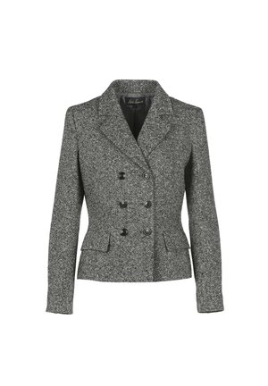 Grey tweed blazer with a double-breasted design, notched lapels, black buttons, and structured fit. Features side pockets.