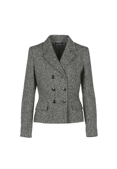 Blazer en tweed gris avec un design croisé, des revers crantés, des boutons noirs et une coupe structurée. Comprend des poches latérales.