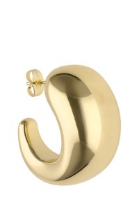 Kolczyk koło w kolorze złotym o gładkim, zakrzywionym kształcie i polerowanym wykończeniu. Posiada zapięcie na sztyft zapewniające bezpieczne noszenie.
