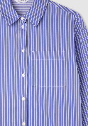 Camicia a righe blu e bianche in cotone, con colletto classico, chiusura con bottoni e una sola tasca sul petto.