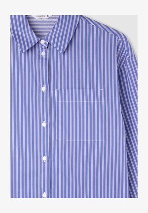 Camicia a righe blu e bianche in cotone, con colletto classico, chiusura con bottoni e una sola tasca sul petto.
