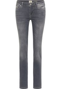 Vaqueros de denim gris con un diseño de pierna recta, que presentan una cinturilla, bolsillos delanteros y un acabado desgastado. Fabricados con material flexible para mayor comodidad.