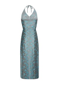 Maxikleid mit Halterneck, mit einem floralen Muster in Türkis und Braun. Glatte Stoffqualität mit eng anliegendem Oberteil und fließendem Rock.