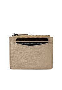 Beige leren cardholder met een gestructureerd oppervlak, vier kaartsleuven en een bovenste ritscompartiment. Geëtst logo op de voorkant.
