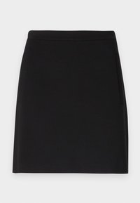 Mini-jupe noire en tissu lisse, dotée d'une taille cintrée, d'une silhouette élégante et d'une poche latérale discrète. Design sobre, sans motifs.