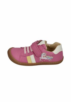 Pink children's sneaker with velcro strap, white and yellow side stripes, and a colorful unicorn graphic on the heel area.