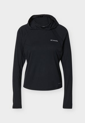 Tricou sportiv cu mânecă lungă, negru, cu glugă, cu logo Columbia pe piept și design ușor, ajustat.