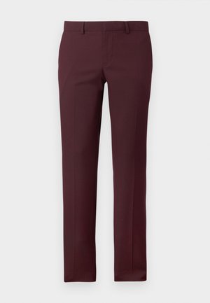 Pantalons taillés bourgogne avec une coupe structurée. Comprend un devant plat, des passants de ceinture et aucune poche visible, fabriqués en tissu lisse.