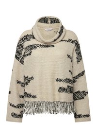 Cremfarbener Strickpullover mit einem Kragen in Cowl-Optik, der schwarze abstrakte Muster und einen fransigen Saum aufweist. Lockere Passform, strukturierter Stoff, lässiger Stil.
