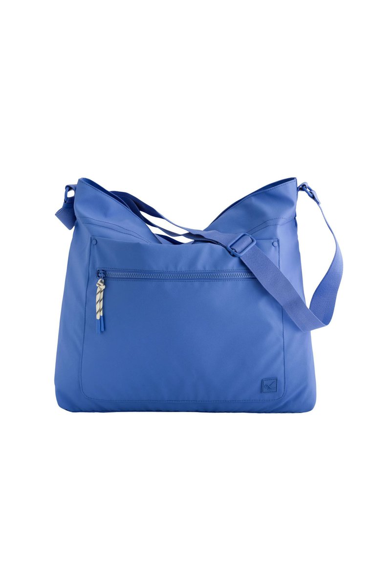 Blue shoulder bag made of smooth, lightweight fabric; features a front zipper pocket, adjustable strap, and clean angular shape.