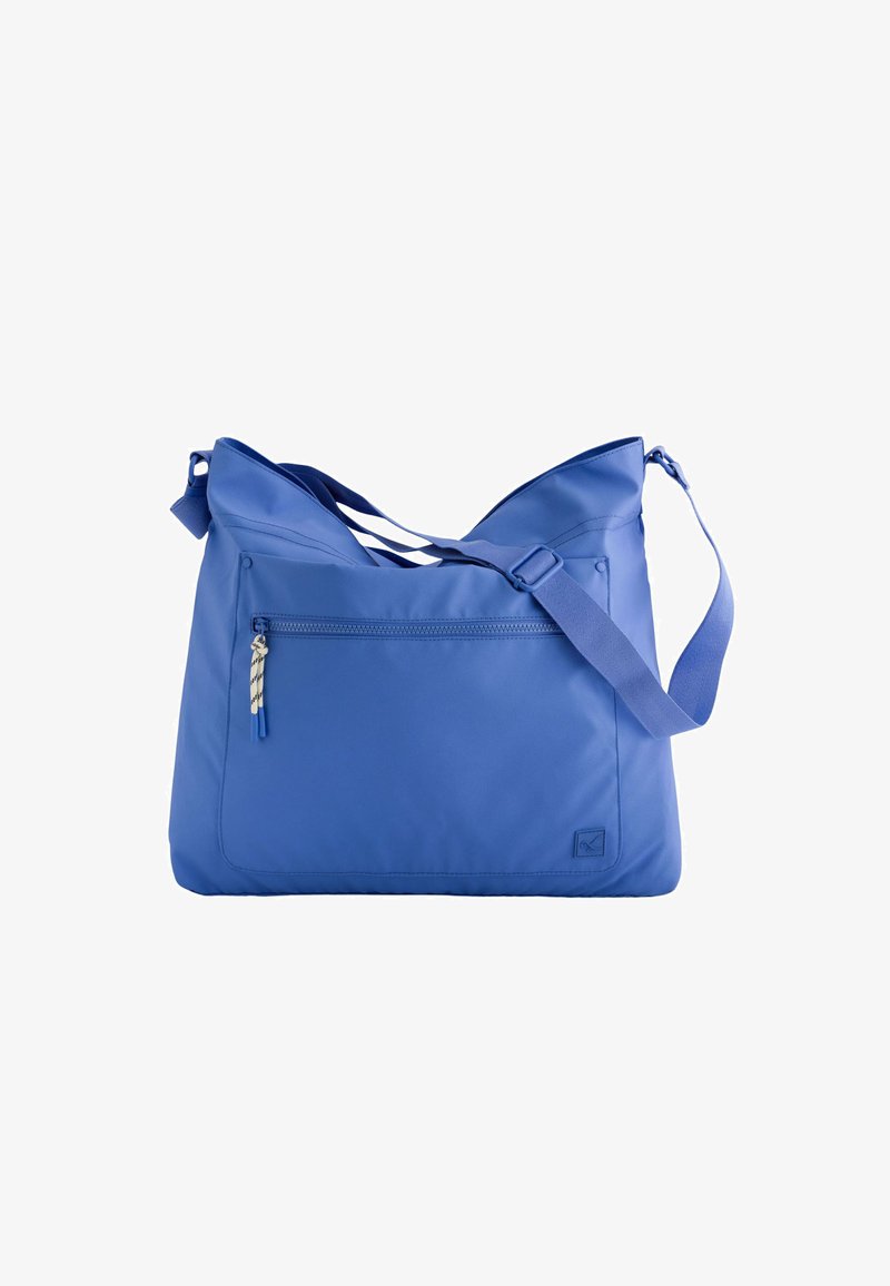 Blue shoulder bag made of smooth, lightweight fabric; features a front zipper pocket, adjustable strap, and clean angular shape.