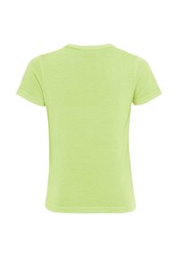 T-shirt verde chiaro a maniche corte realizzato in tessuto morbido, con scollo rotondo e texture liscia. Presenta un design semplice e uniforme.