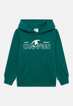Sudadera con capucha verde azulado con bolsillo frontal, mangas largas y logo blanco "Authentic Athleticwear CHAMPION" impreso en el pecho.