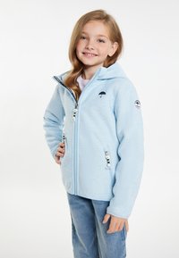 Ljusblå zip-up jacka med huva, som har en broderad paraplylogotyp på bröstet och två fickor med dragkedja med dekorativa draghandtag.