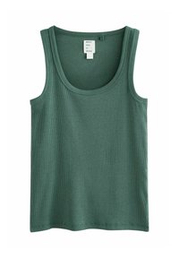 Grünes, geripptes ärmelloses Tanktop mit abgerundetem Ausschnitt und einem "NEXT time to dream"-Etikett im Krageninneren.