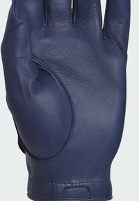 Læderhandske i marineblå, med struktureret overflade, tætsiddende design, forstærkede syninger og polstring i håndfladen for greb.