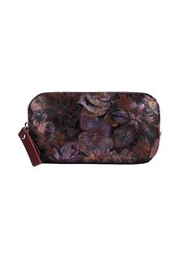 Neceser con cierre floral de base oscura y vibrantes patrones florales en púrpura, naranja y negro. Presenta un acento en cuero marrón.
