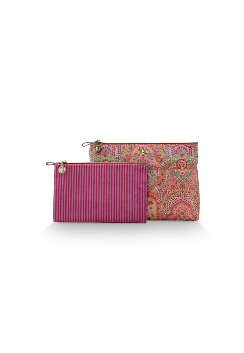 Set of two pouches: one with a pink floral pattern, the other in ribbed deep pink fabric. Both feature gold-tone zippers and accents.