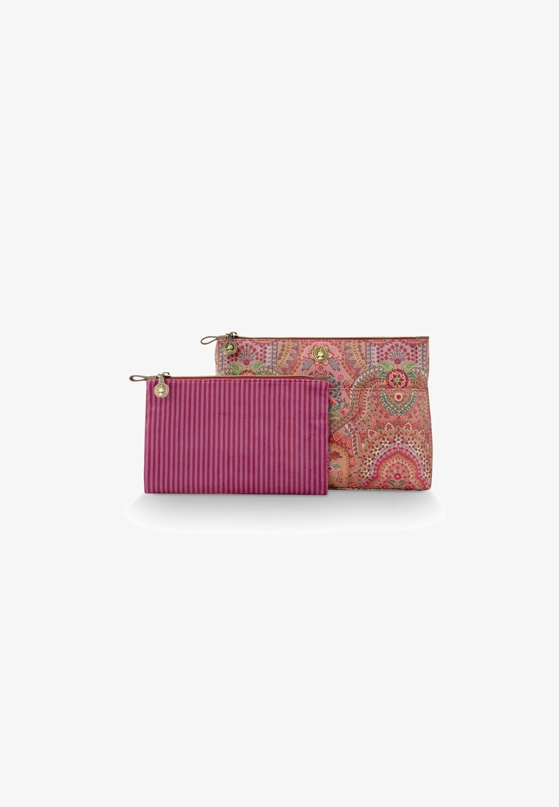 Set of two pouches: one with a pink floral pattern, the other in ribbed deep pink fabric. Both feature gold-tone zippers and accents.