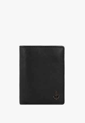 Black leather wallet with a smooth texture, rectangular shape, and a small bronze anchor emblem on the lower right corner.