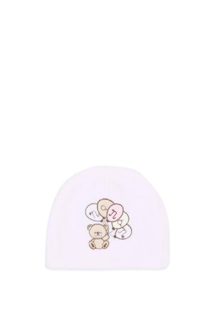 Gorro blanco suave para bebé con un osito bordado que sostiene globos en tonos pastel que deletrean "mommy."