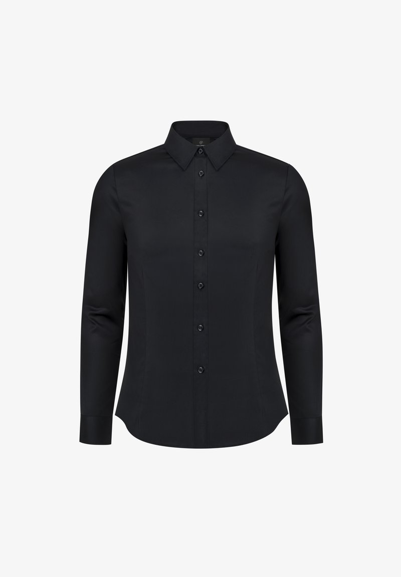 Czarna koszula z długim rękawem, wykonana z gładkiego materiału. Posiada zapięcie na guziki z przodu, wywinięty kołnierz oraz dopasowany krój, co nadaje jej elegancki wygląd.